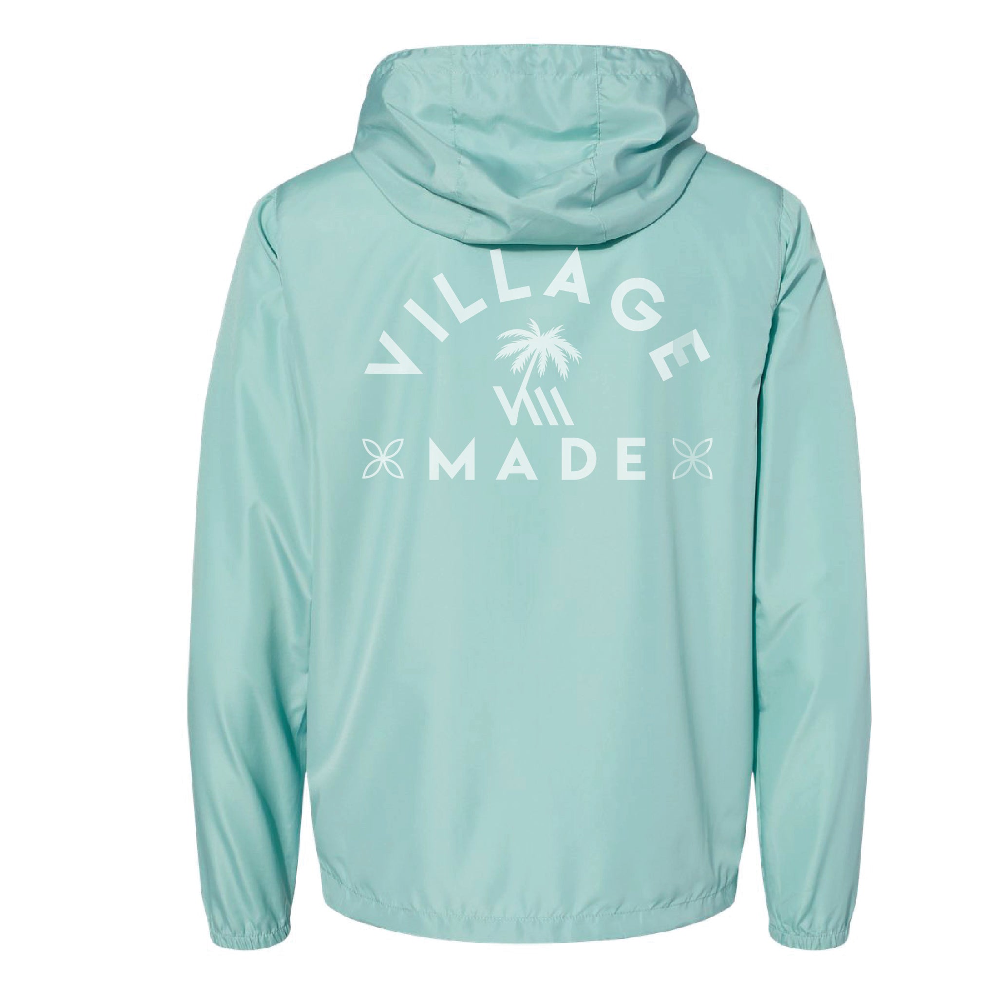 Aqua windbreaker with Village Made Rise logo print.