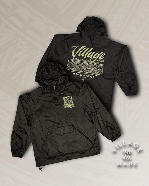 Two black jackets with 'Village Made' branding on a light gray background
